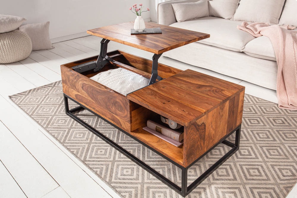 Höhenverstellbarer Couchtisch MAKASSAR FUNCTION 110cm braun Sheesham Massivholz stone finish
