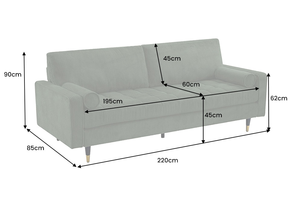 3er Sofa COZY VELVET 220cm grün Cord schwarze Füße mit goldener Kappe