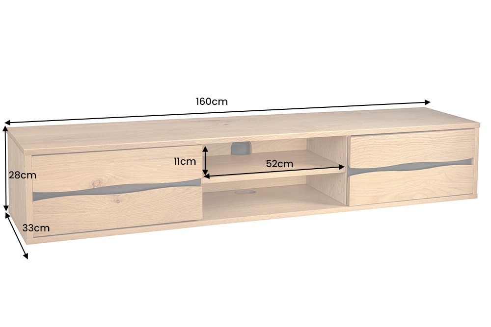 Hängendes TV-Lowboard LIVING EDGE 160cm natur schwarz Wildeiche geölt Baumkante