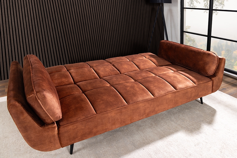 Schlafsofa BOUTIQUE 215cm rostbraun Samt 3-Sitzer mit mattschwarzen Füßen