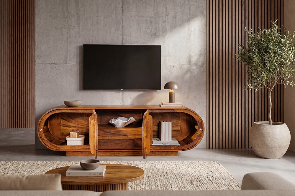 Massives TV-Board ORGANIKO 160cm braun Sheeshamholz stone finish ovales Lowboard