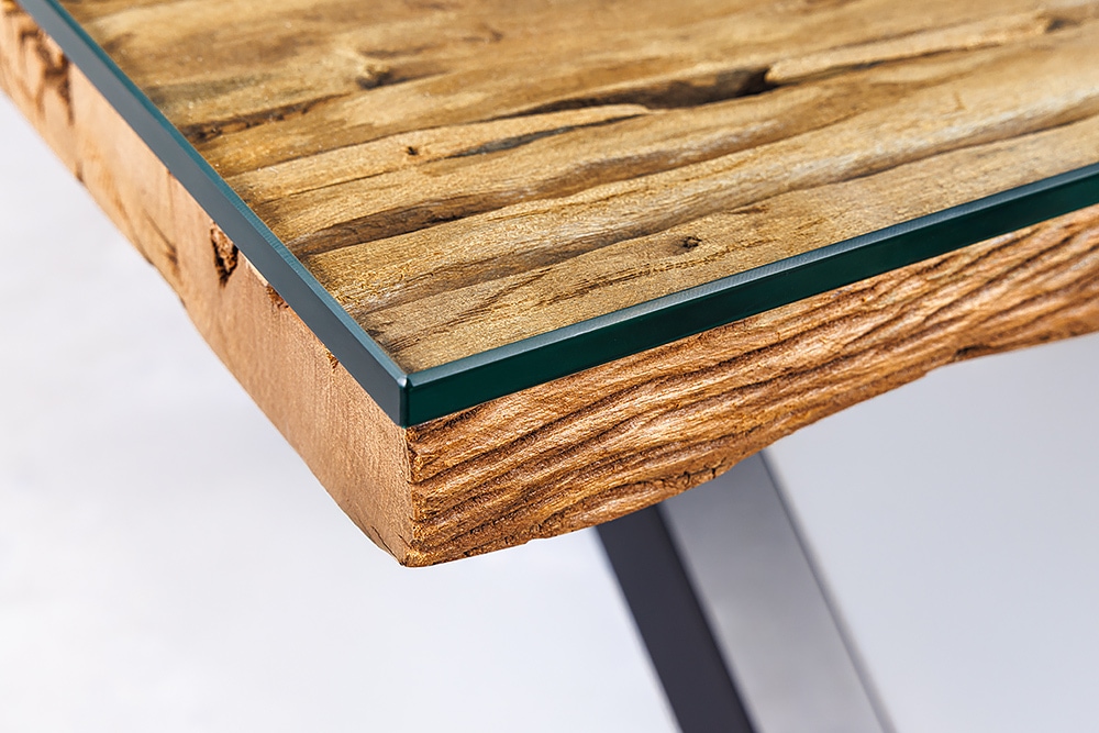 Massiver Couchtisch BARRACUDA 110cm antik natur Teakholz X-Gestell Glasplatte