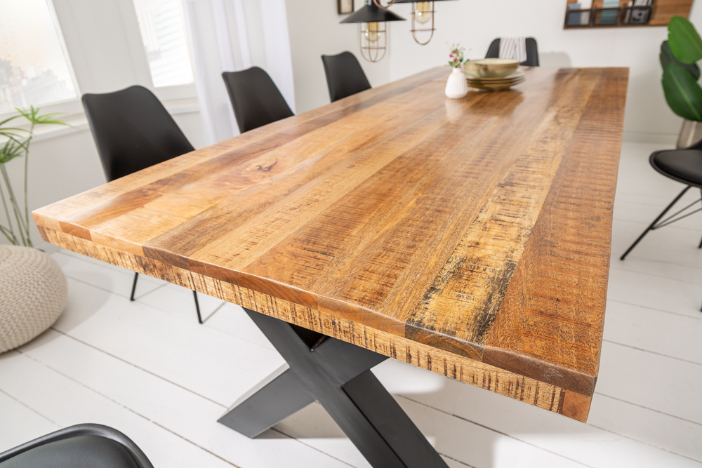 Massiver Esstisch IRON CRAFT 200cm natur Mangoholz Industrial Design X-Gestell schwarz Metall
