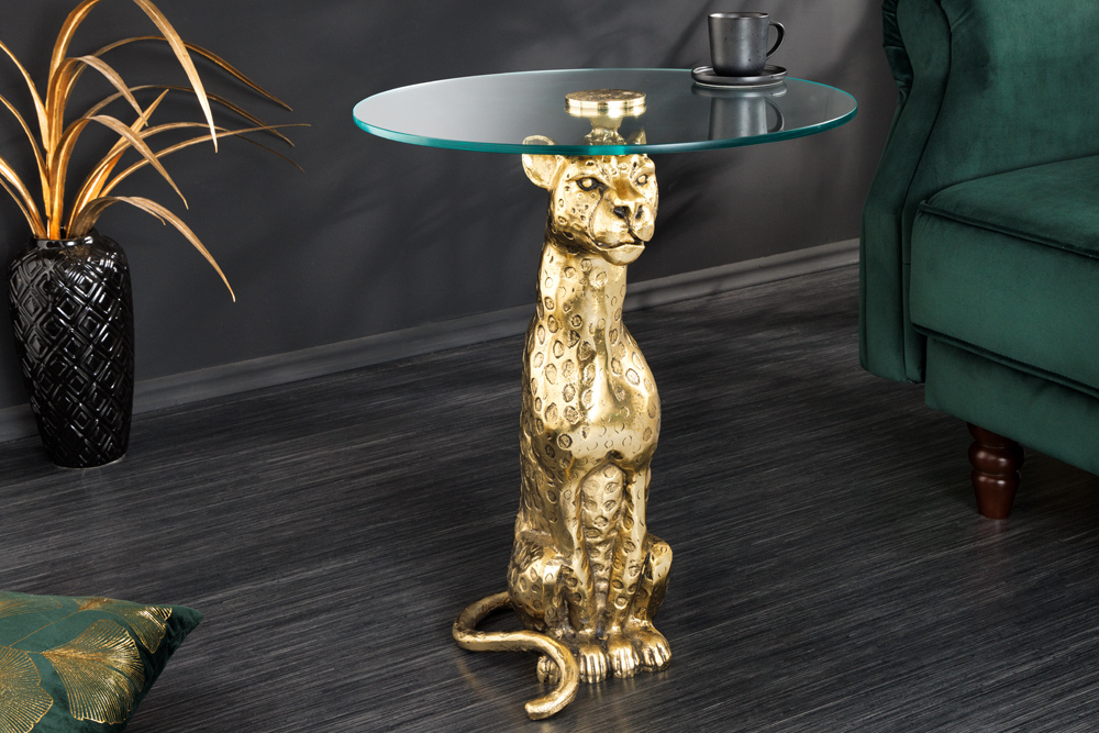 Runder Beistelltisch WILDLIFE PANTHER 60cm gold antik Metall Glas Skulptur handmade