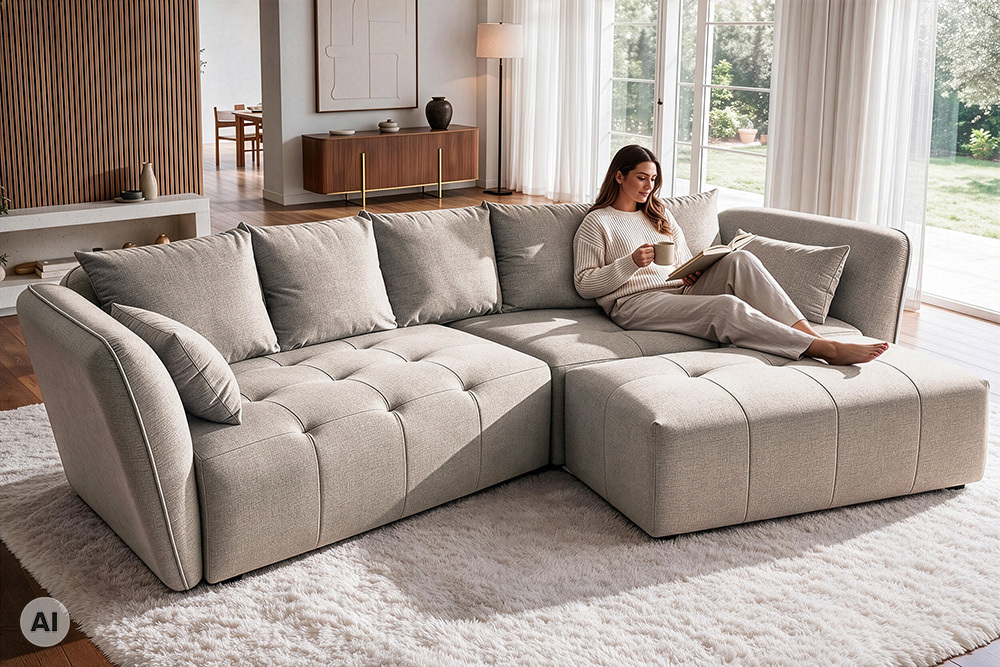 Moderner Hocker ROYAL 120cm greige Veloursstoff Federkern Sitzhocker