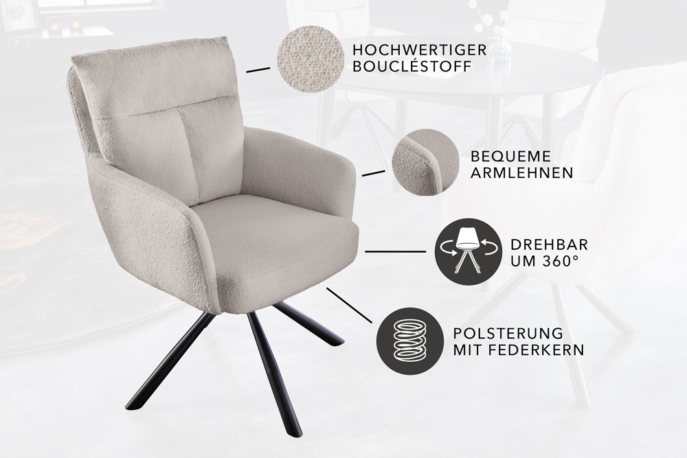 Drehbarer Retro Stuhl BIG GEORGE greige Bouclé Armlehnen Taschenfederkern