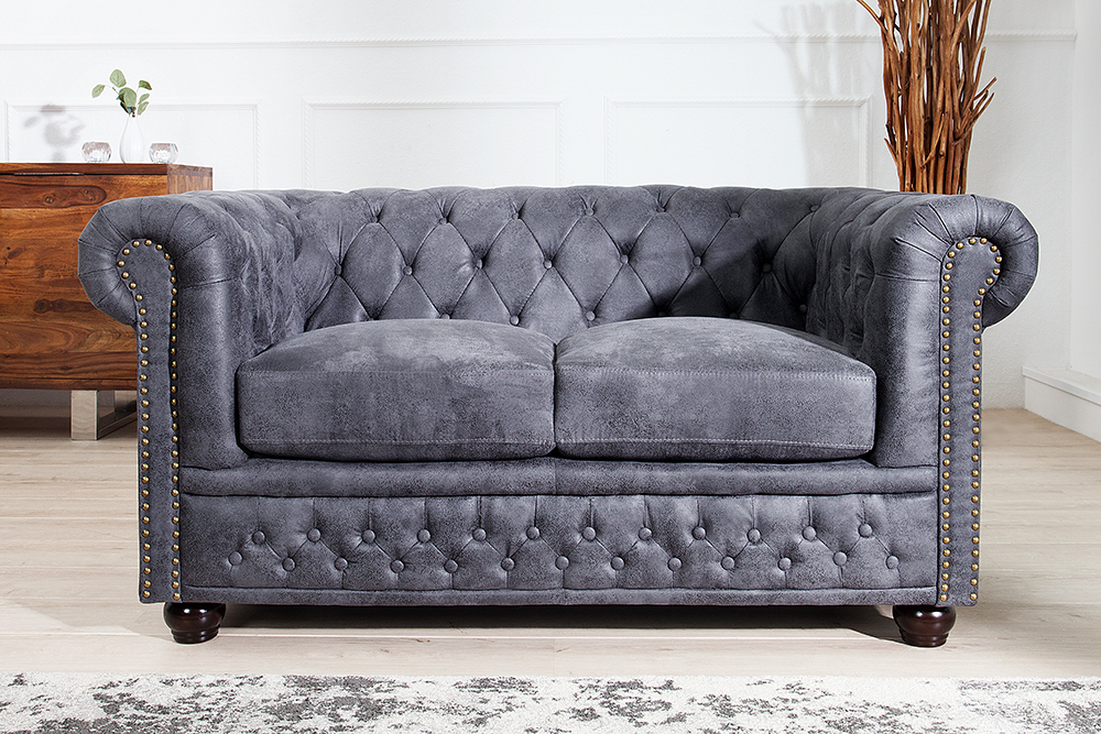 Chesterfield 2-Sitzer Sofa 150cm antik grau Microfaser Federkern Knopfheftung