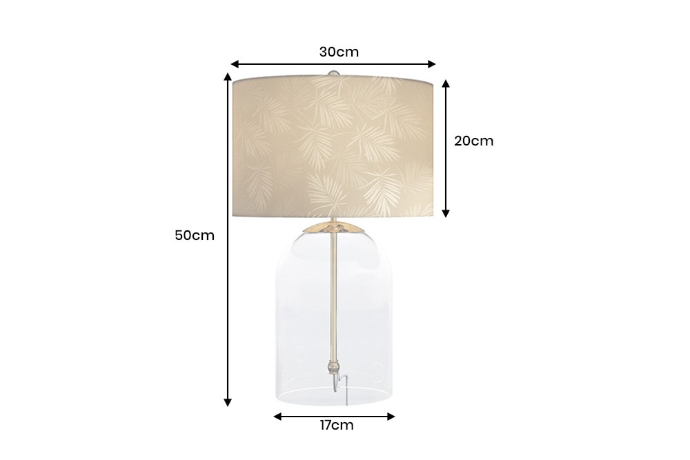 Moderne Tischlampe CLASSICO 50cm transparent Glas weiß gold Leinenschirm