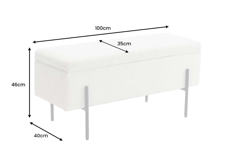 Moderne Truhenbank LOFT 100cm weiß Bouclé Sitzbank mit Stauraum gepolstert schwarz Metall
