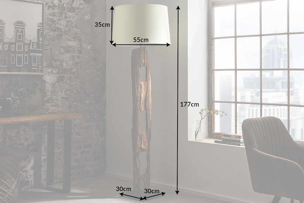 Massive Stehlampe BARRACUDA 177cm natur Akazienholz Baumwollschirm weiß Baumstamm
