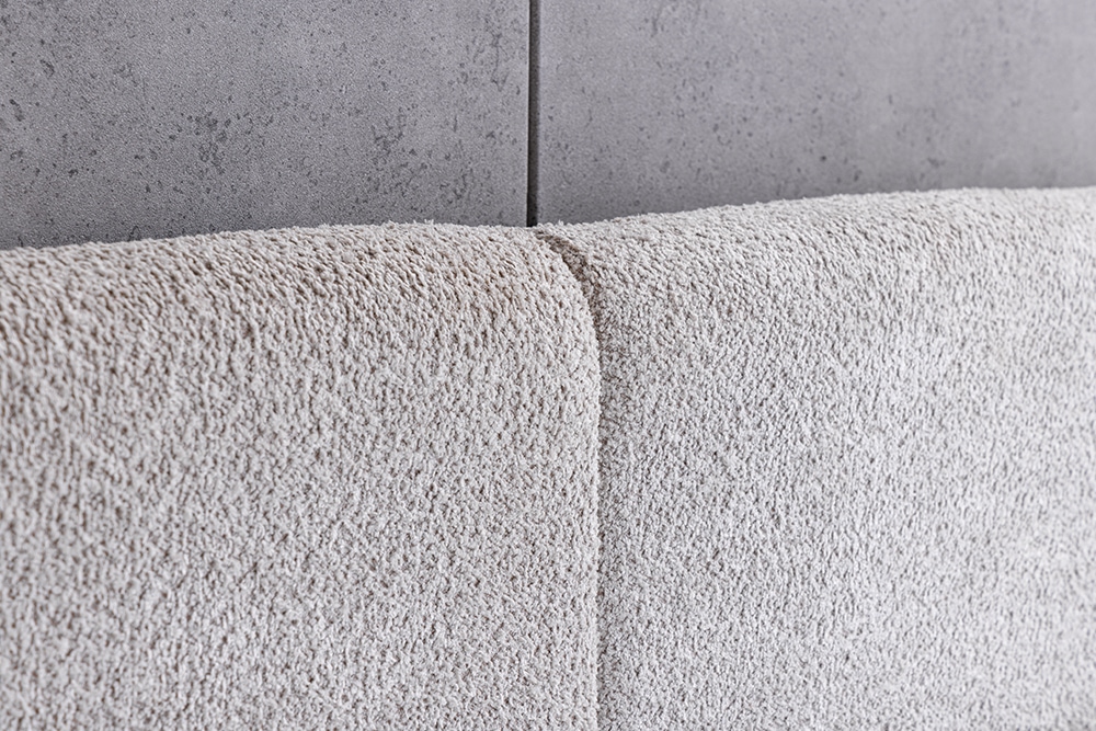 Modernes Boxbett ART DECO 180x200cm greige Bouclé mit Stauraum und Lattenrost