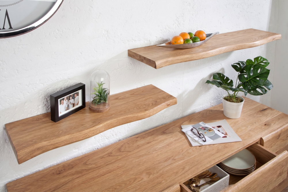 Massives Wandregal GRAND OAK 80cm natur geöltes Eichenholz Baumkante handmade