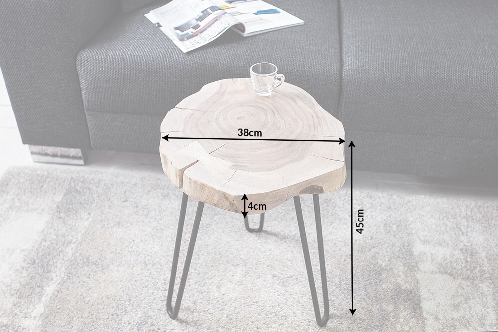 Massivholz Beistelltisch GOA 40cm natur Akazie Baumstamm Metall schwarz Hairpin Legs