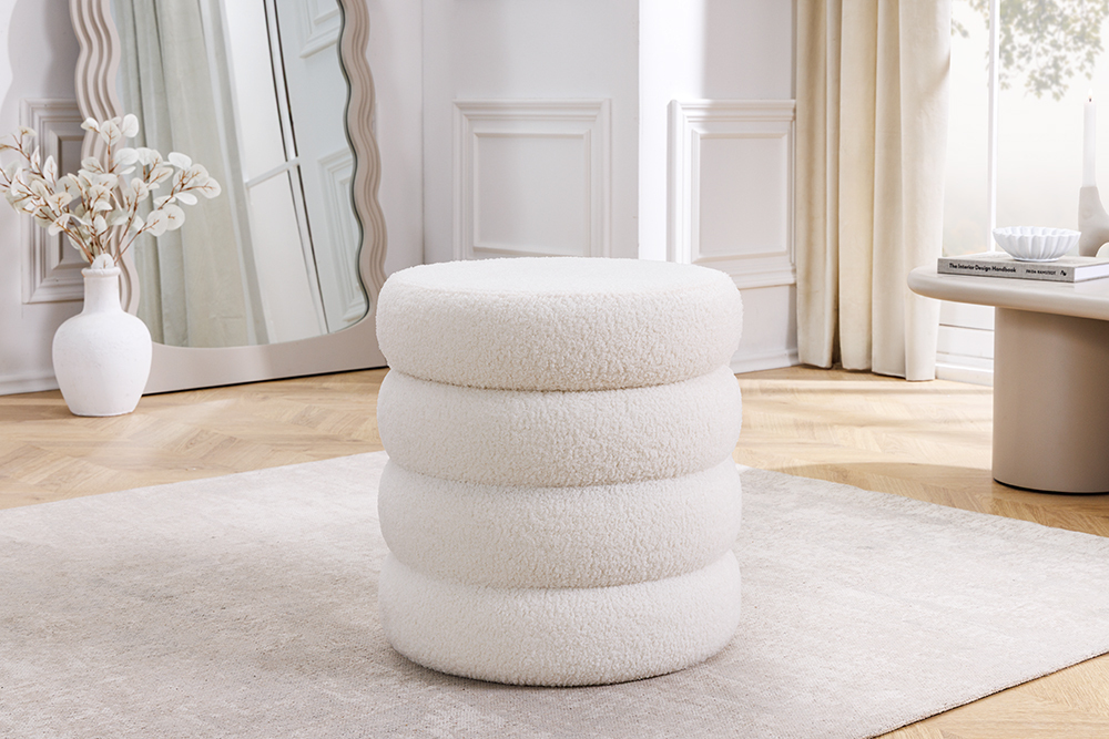 Runder Polsterhocker VOGUE 40cm weiß Bouclé mit Stauraum