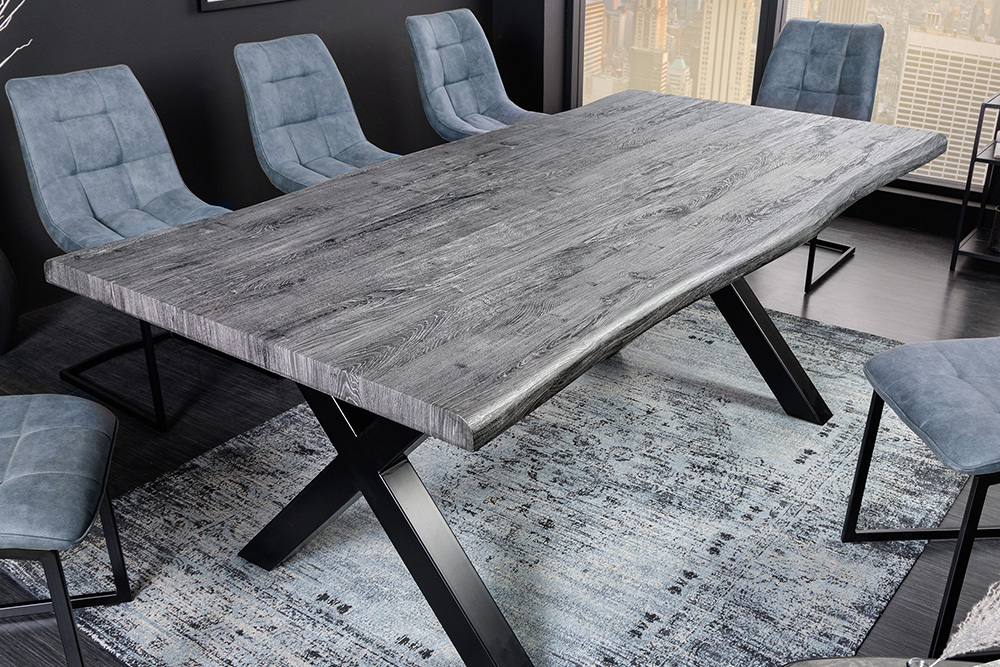 Industrial Esstisch WILD 160cm grau gekälkt Wildeiche-Design Baumkante schwarz  X-Gestell