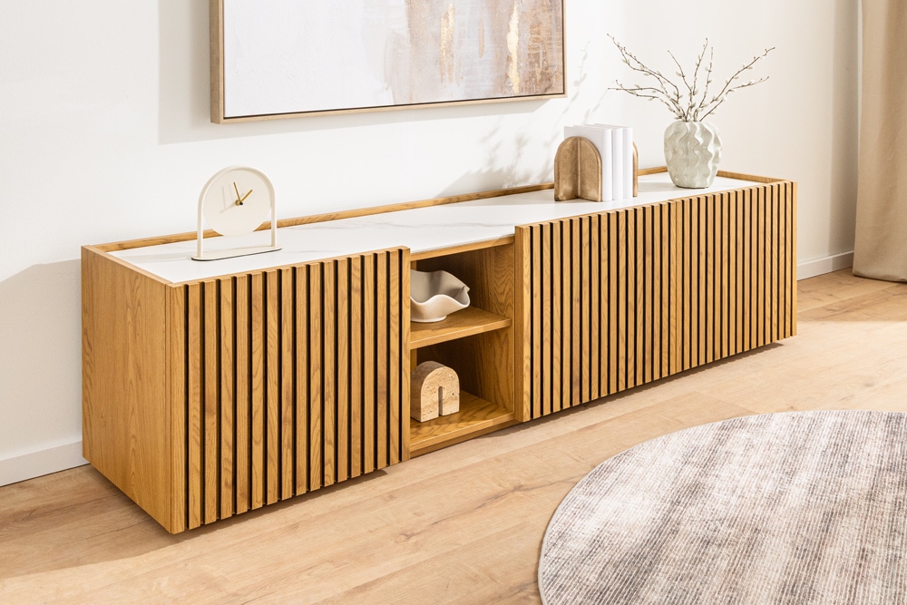 Design Lowboard VICENZA 180cm weiß Keramik natur Eiche Lamellenfront