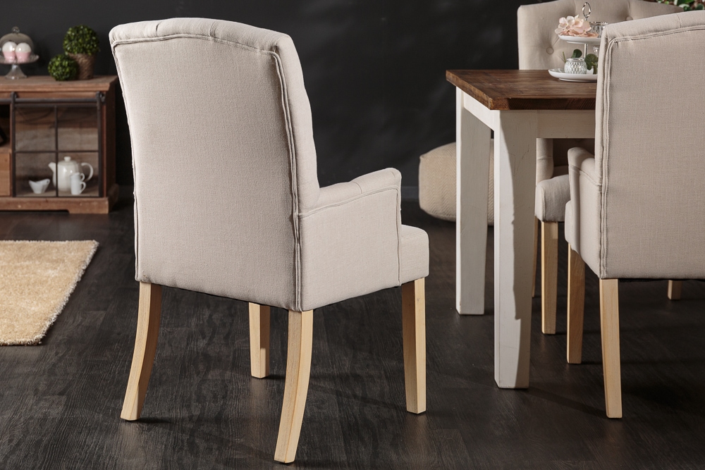 Eleganter Armlehnen Stuhl CASTLE beige mit Chesterfield Steppung im Landhausstil