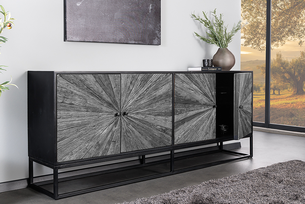Massives Sideboard BARRACUDA 180cm grau Mangoholz mit Teakholz-Front schwarz Metall