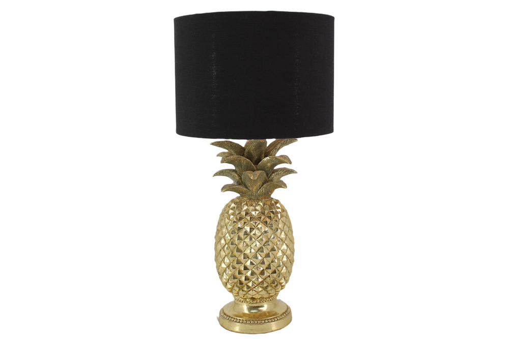 Handgefertigte Tischlampe PINEAPPLE 50cm gold schwarz Ananas-Design mit Stoffschirm