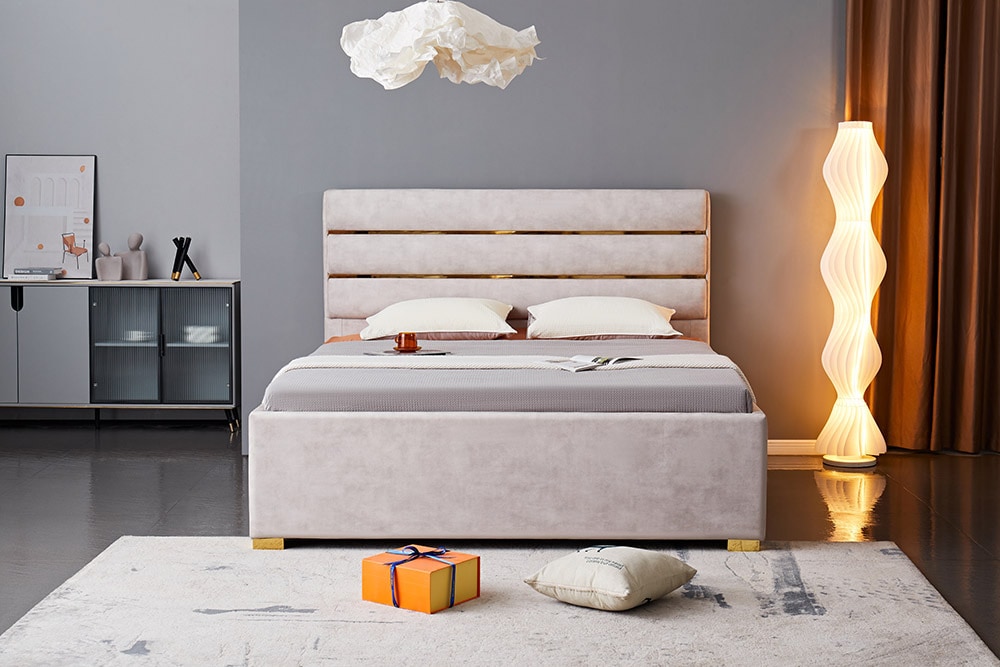 Modernes Boxbett METROPOLITAN 180x200cm beige Samt mit Lattenrost und Stauraum