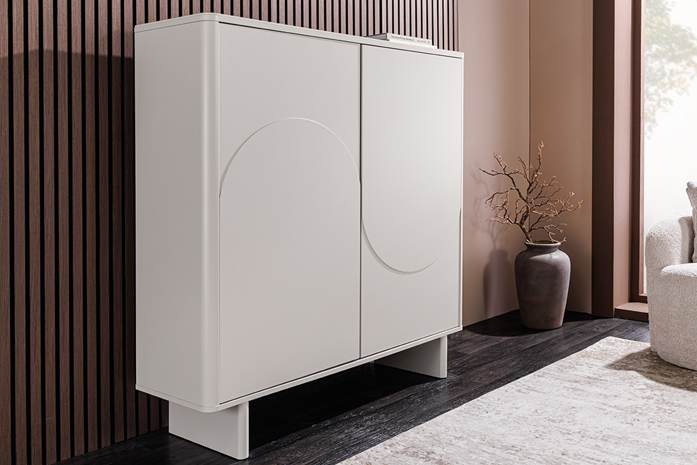 Design Highboard SAVOY 130cm kaschmir weiß Marmor Keramik mit Stauraum und 3D-Front