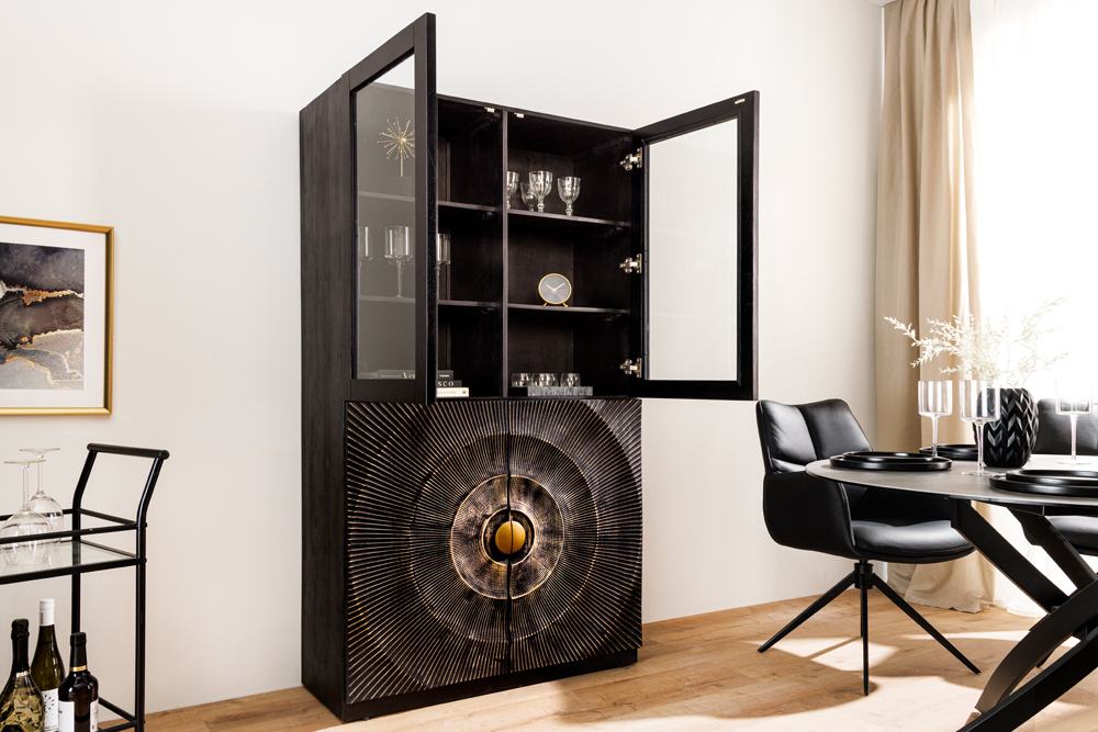 Massives Highboard GOLDEN SUNSET 180cm schwarz gold Mangoholz mit Glastüren Vitrine