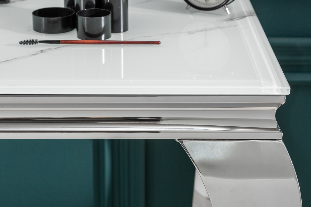 Eleganter Konsolentisch MODERN BAROCK 145cm mit Glasplatte Marmoroptik Edelstahlbeine