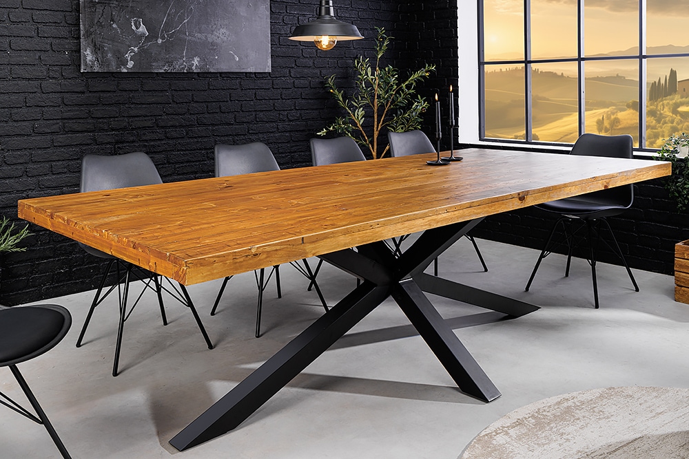 Massivholz Esstisch GALAXIE 200cm vintage braun Pinie recycelt Industrial Design