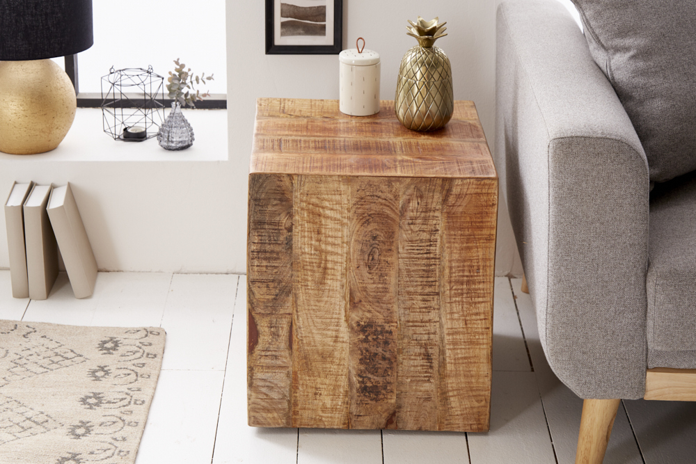 Massiver Beistelltisch FACTORY 45cm natur Mangoholz geflammt auf Rollen