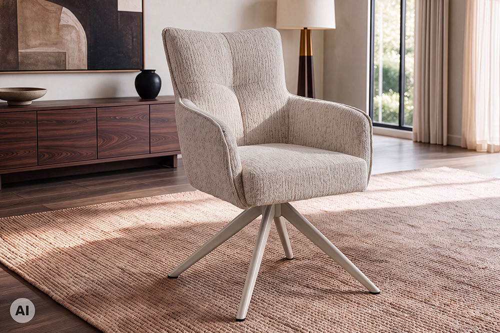 Drehbarer Stuhl LUGANO taupe Bouclé Tweed Soft Federkern mit Armlehne bis 150 kg belastbar Drehbarer Stuhl LUGANO taupe Bouclé Tweed Soft Federkern mit Armlehne bis 150 kg belastbar