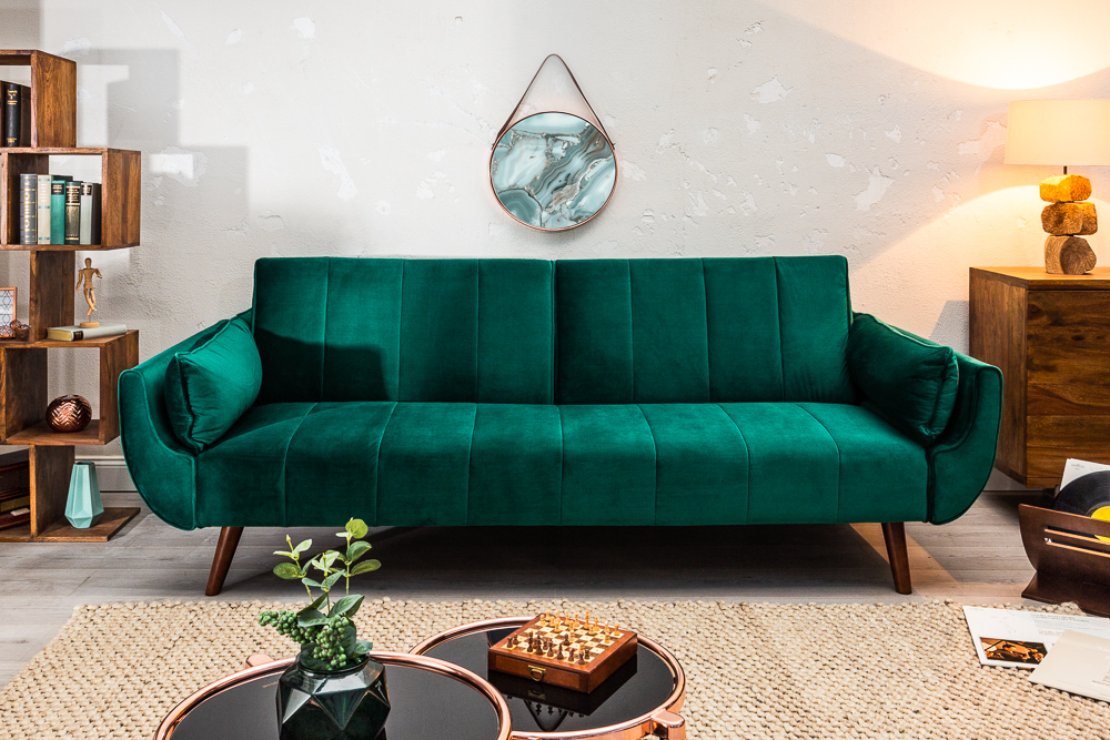 Retro Schlafsofa DIVANI 220cm smaragdgrün Samt 3-Sitzer mit Bettfunktion