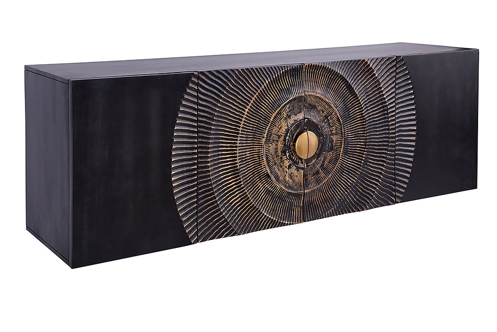 Hängendes Sideboard GOLDEN SUNSET 180cm schwarz mit 3D Schnitzereien gold massiv Mangoholz handmade