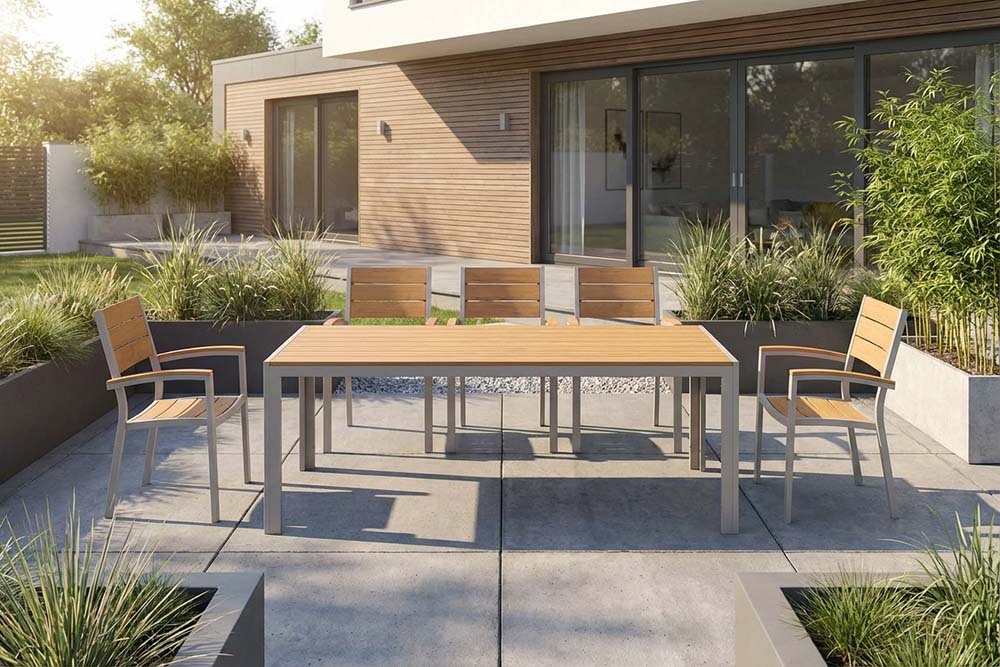 Moderner Gartentisch DESIGNO 205cm natur greige Aluminium wetterfest Outdoor-Esstisch
