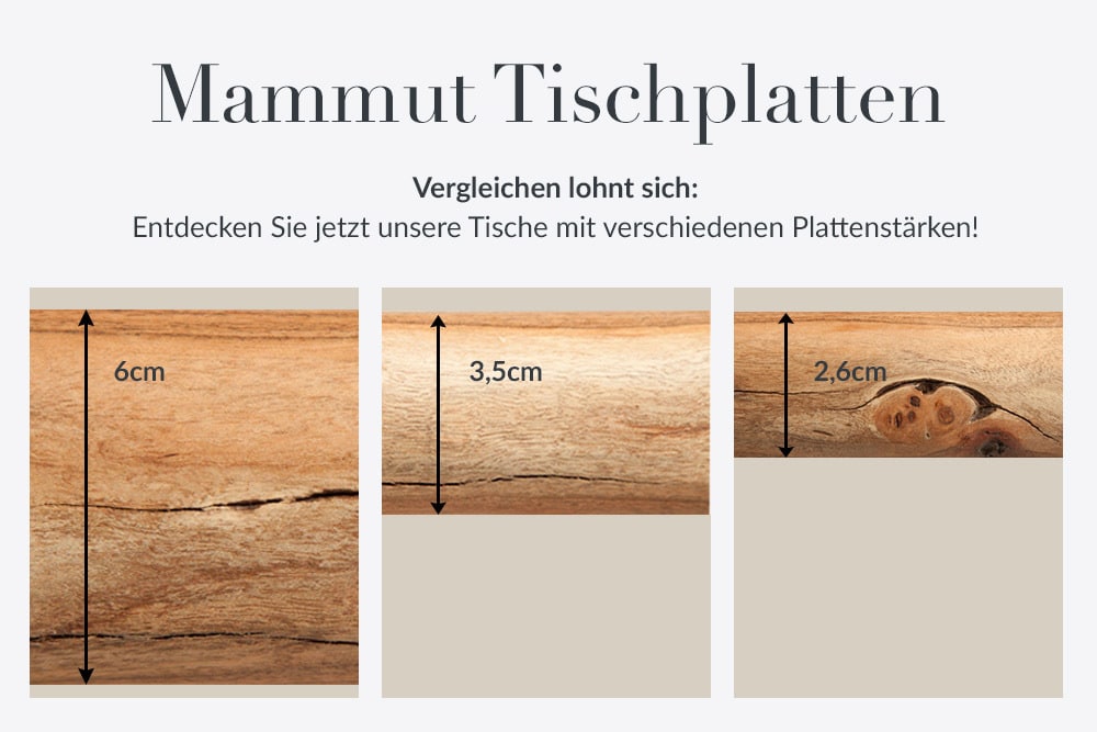 Massivholz Esstisch MAMMUT NATURE 180cm Akazie Edelstahl Baumkante 3,5cm Tischplatte
