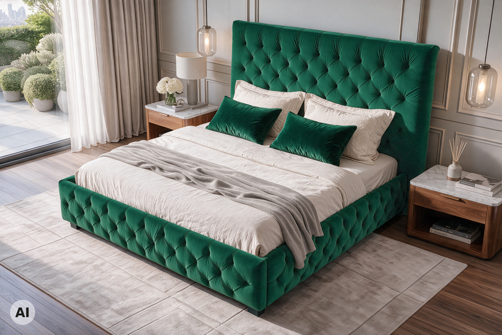 Design Boxbett PARIS 180x200cm dunkelgrün Samt Chesterfield Doppelbett