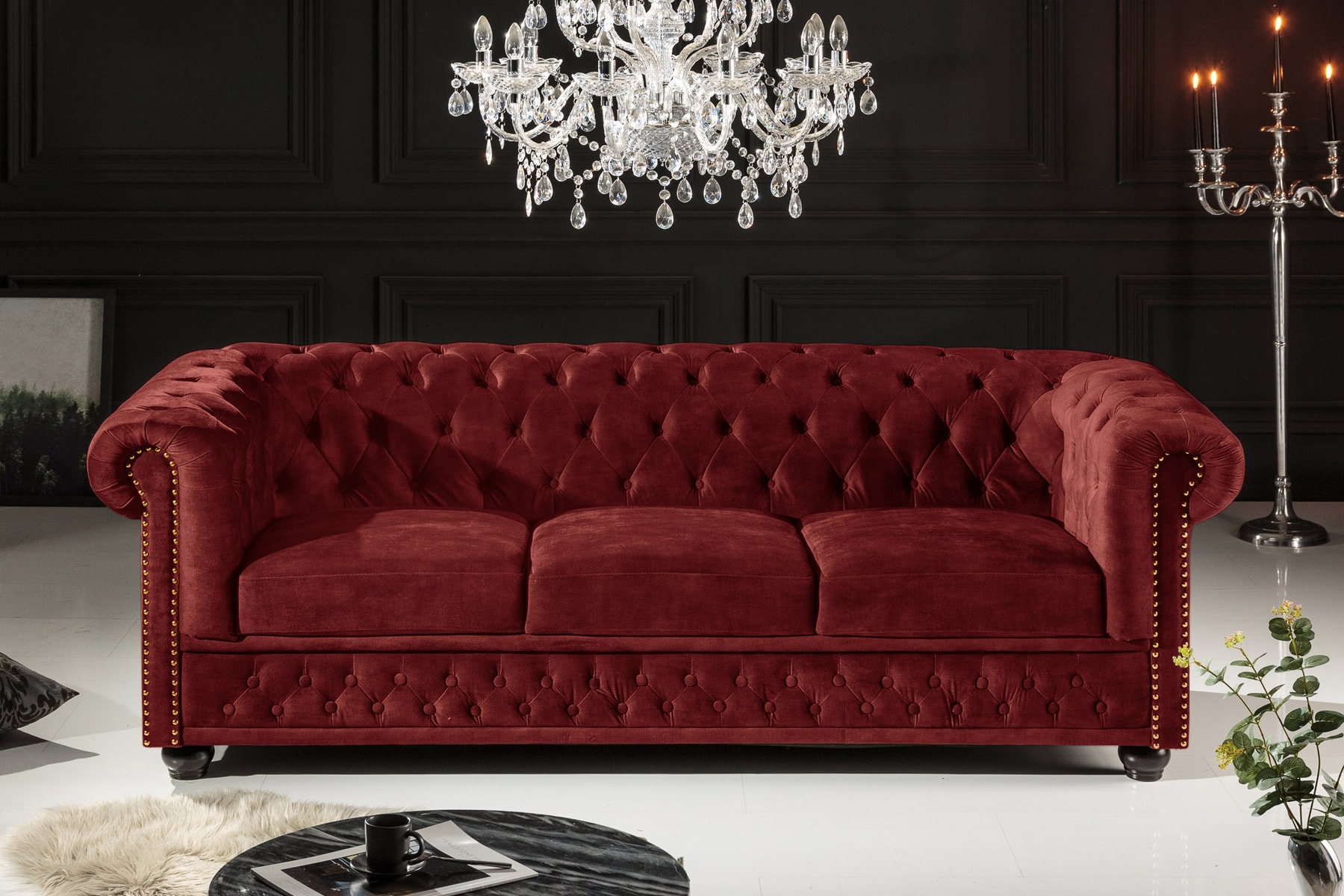 Barock Sofa CHESTERFIELD 205cm bordeaux rot Samt Federkern Knopfheftung 3-Sitzer Couch