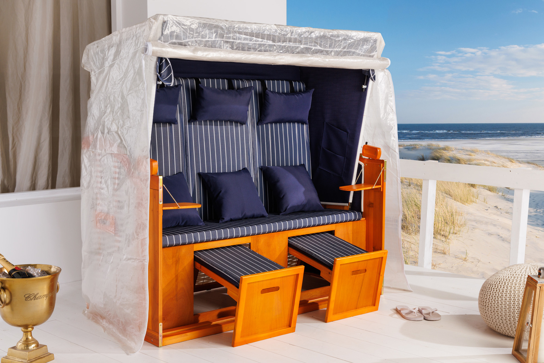 Wetterfeste XXL Strandkorbhülle OSTSEE transparent mit Reißverschluss für 3-Sitzer