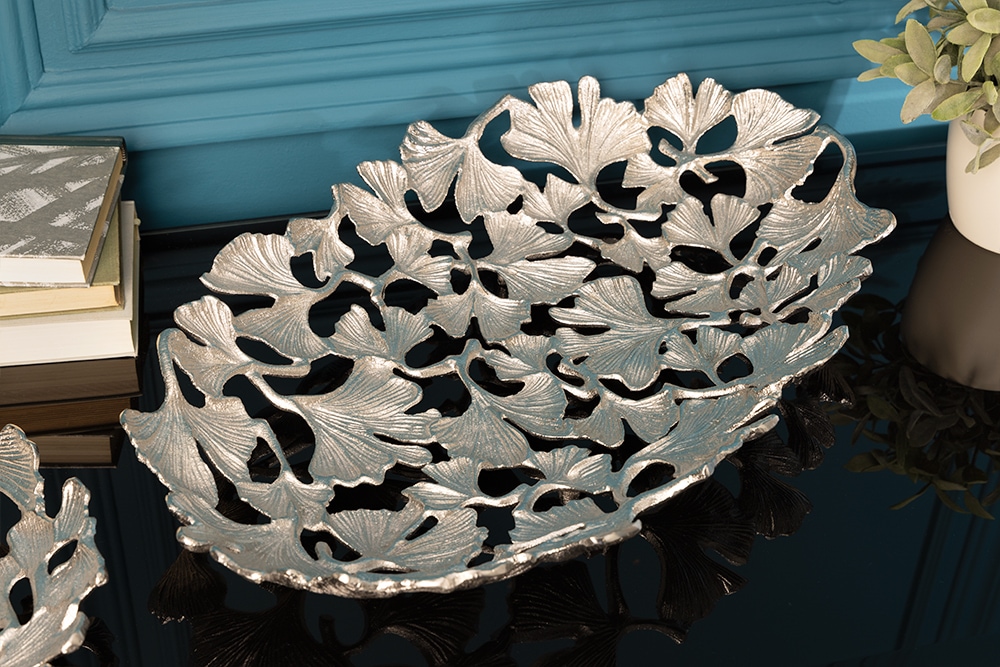 Dekorative Schale GINKGO LEAFS 50cm silber handmade Metall