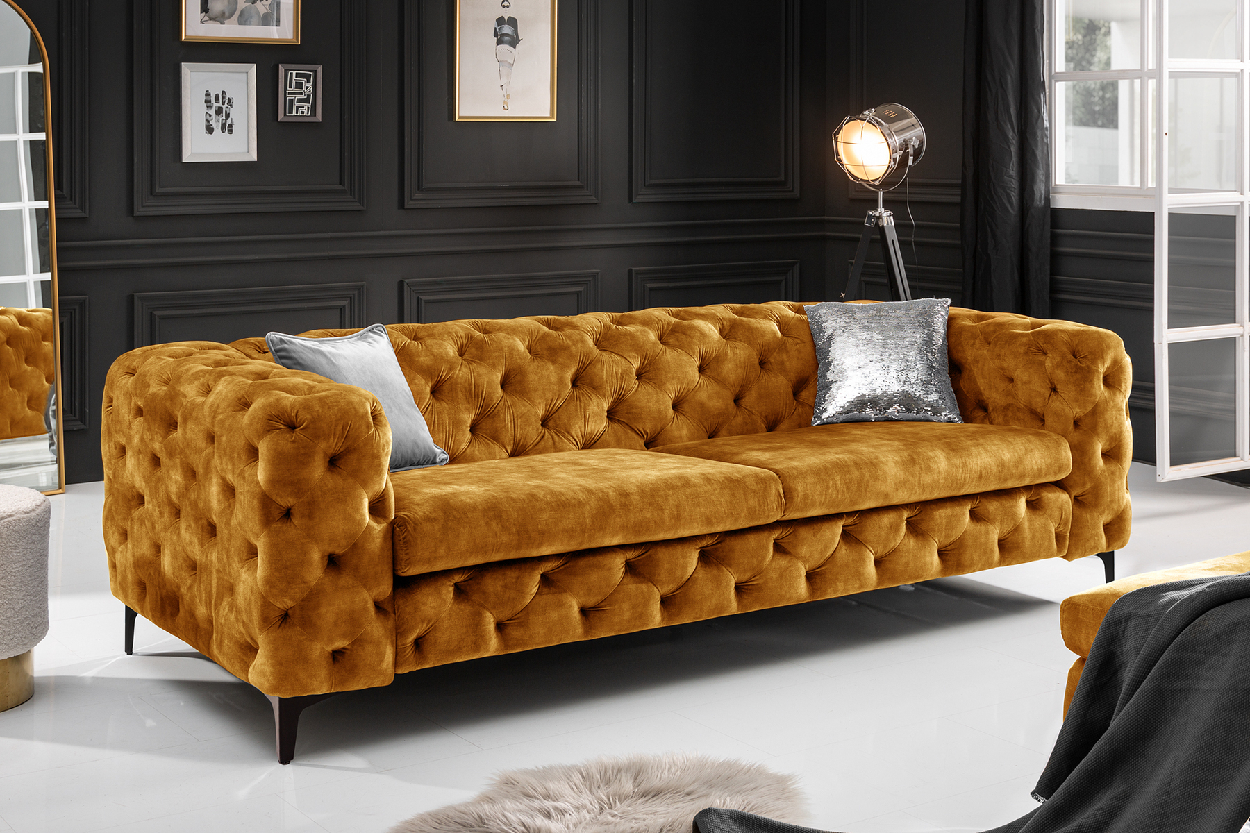 Chesterfield Sofa MODERN BAROCK 235cm senfgelb Samt 3-Sitzer Couch Federkern