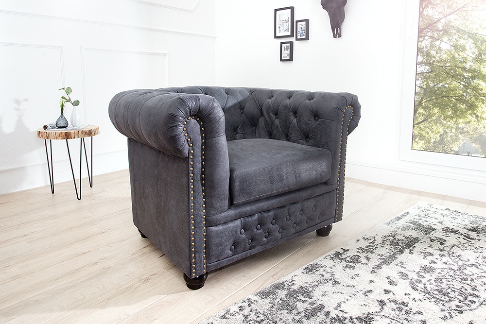Chesterfield Sessel 105cm antik grau mit Knopfheftung und Federkern