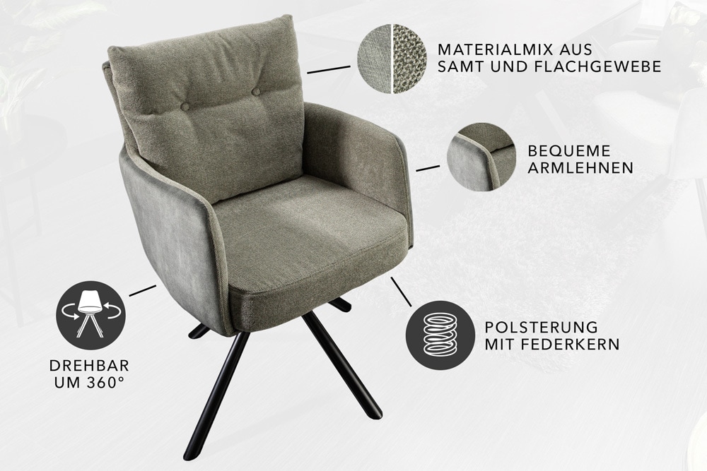 Drehbarer Stuhl BIG GEORGE grün Samt Strukturstoff Armlehnenstuhl Taschenfederkern