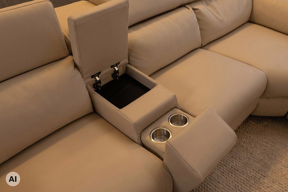 Multifunktionales Ecksofa PRIME 300cm beige Kunstleder Relaxfunktion Getränkehalter