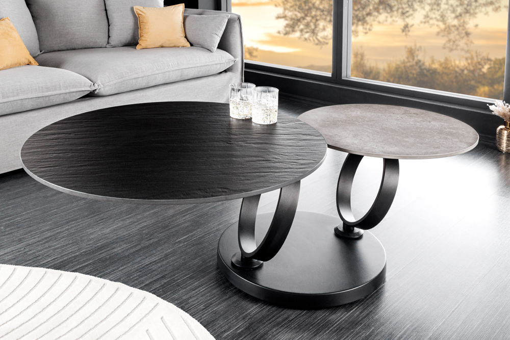 Design Couchtisch DANCING RINGS schwarz grau rund drehbar Keramik Metall