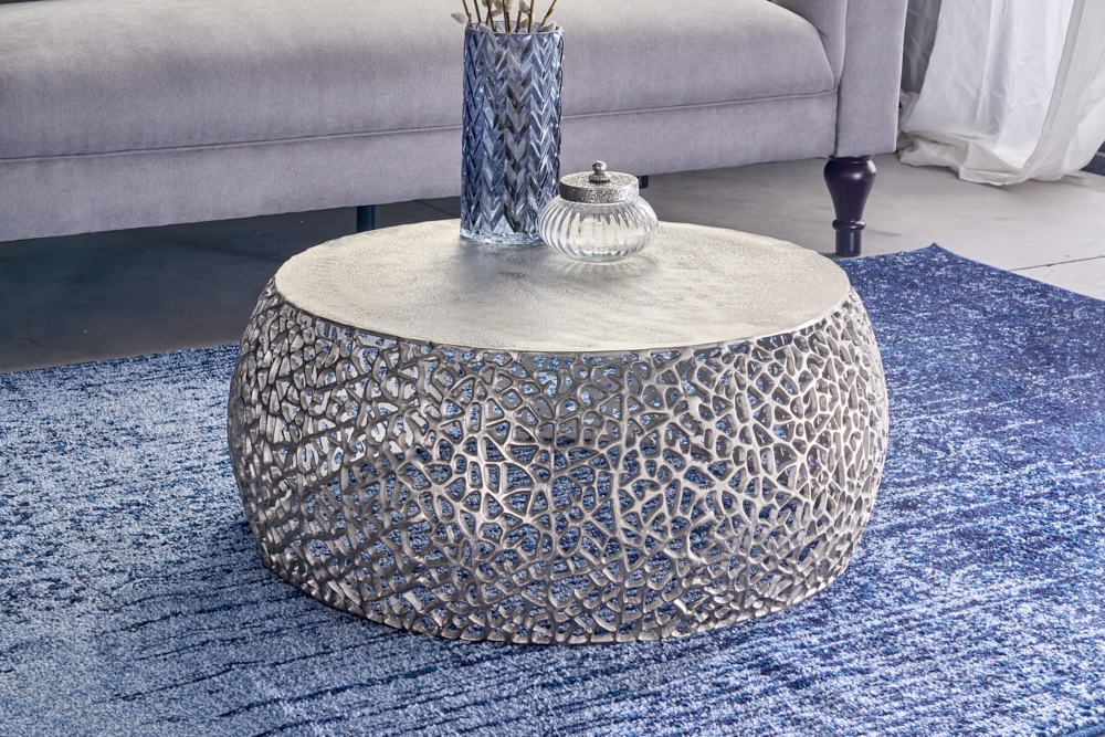 Runder Couchtisch ABSTRACT LEAF 75cm silber antik Metall filigrane Handarbeit
