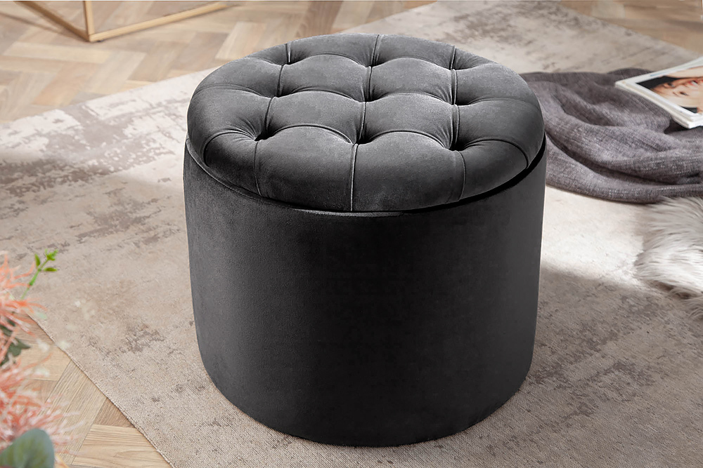 Runder Hocker MODERN BAROCK 50cm grau Samt mit Stauraum