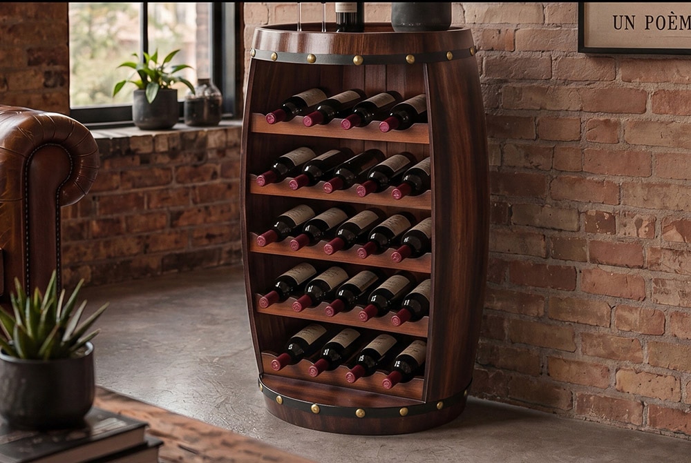 Massives Weinregal BODEGA 80cm coffee braun Pinie Fass-Bartisch für 23 Flaschen