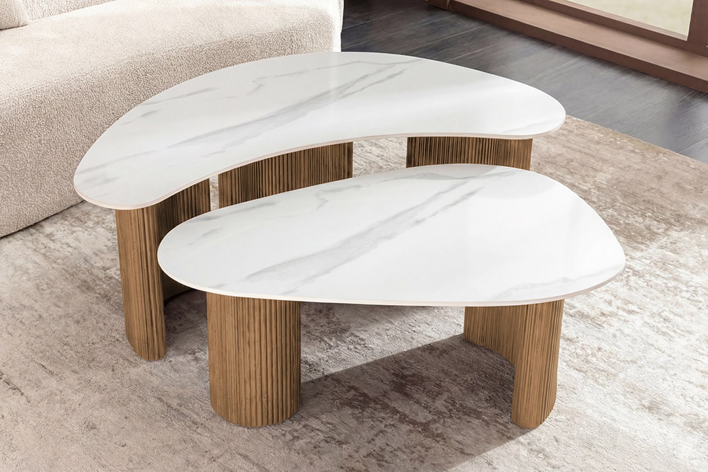 2er Set Couchtische OSAKA 120cm weiß Marmor Keramik natur Eiche