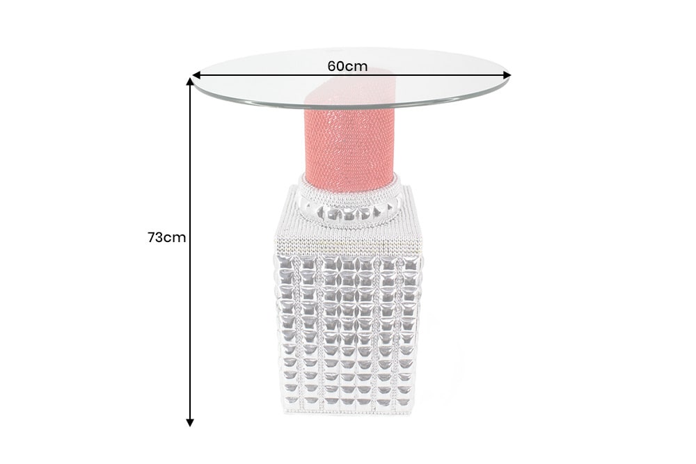 Handgefertigter Bistrotisch LIPSTICK 75cm rot silber runde Tischplatte Glas