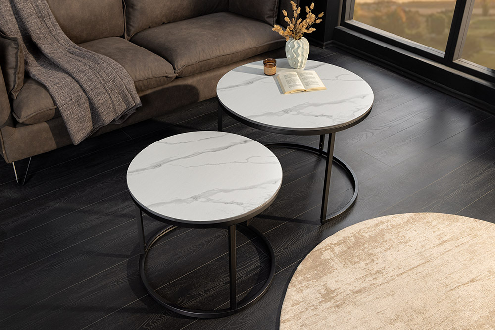 Rundes 2er Set Couchtische ELEGANCE 75cm weiß Keramik schwarz Metall