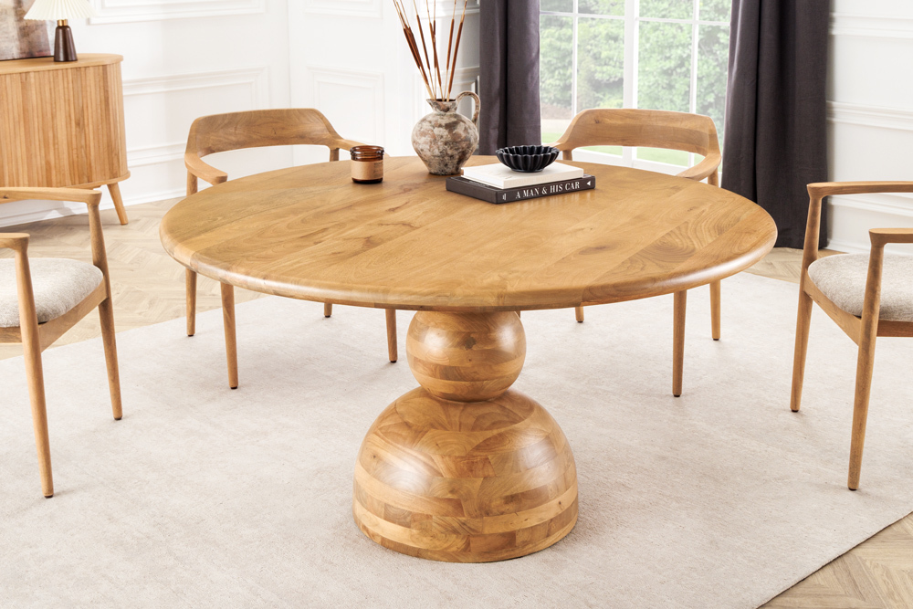 Massiver Esstisch MAESTRO 130cm creme Mangoholz rund mit Säulenfuß